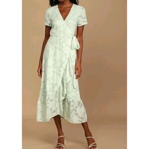 Lulu's Jacquard Short Sleeve Wrap Midi Dress S Blissfully Sage Green Ruffle